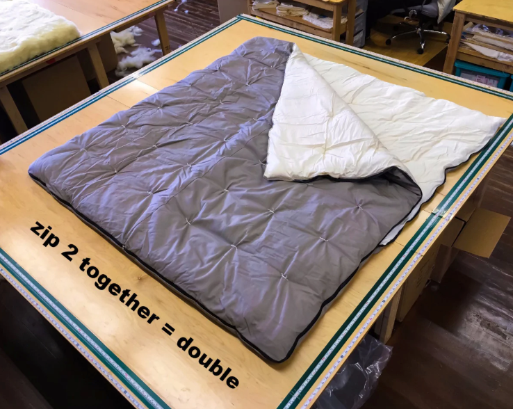 Like our classic wool bedding items, we choose only the best materials, with the added element of outdoor durability. Made with an organic cotton sateen lining in an organic cotton canvas outer shell and filled with a generous amount of breathable, domestically sourced premium eco wool batting. Hand tufting keeps the wool securely in place. YKK snag-resistant zipper around the side and lower edge. Two sleeping bags of the same size can be zipped together for partner sleeping.