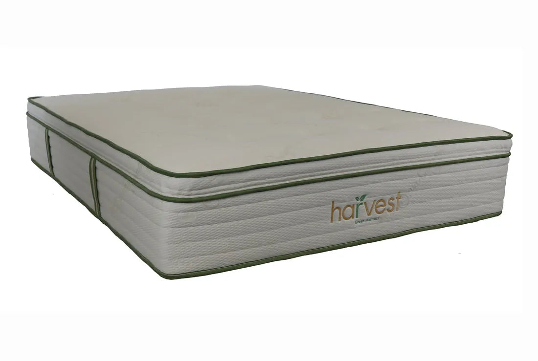 The Harvest Green Organic Pillowtop Mattress is Greenguard gold certified and made using GOLS certified organic latex, made from 100% recycled steel, and GOTS certified organic cotton.   Constructed with 1″ of organic latex at the bottom, 8″ coils, and 4″ of organic latex on the top, all encased in an organic cotton cover.  A total of 13″ in thickness the Harvest Green Pillow Top Organic Mattress provides great support with added pressure relief for a softer, deeper feel.  On a scale of 1 – 10 (with 10 bein