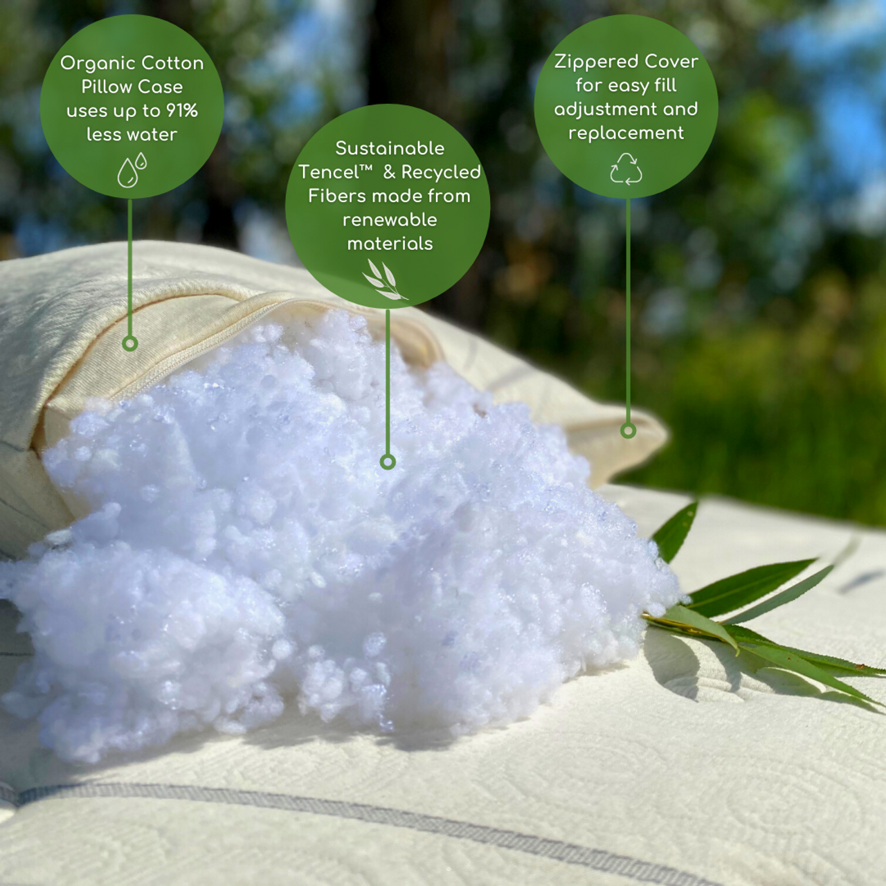 We blend the soft silky Tencel™ fibers with recycled polyester to create these soft clusters that cradle your head while you sleep. The clusters are made in the same way as our ever-popular Woolly Bolas, but have a softer silkier feel. This fiber is derived from Eucalyptus trees in FSC certified forests.