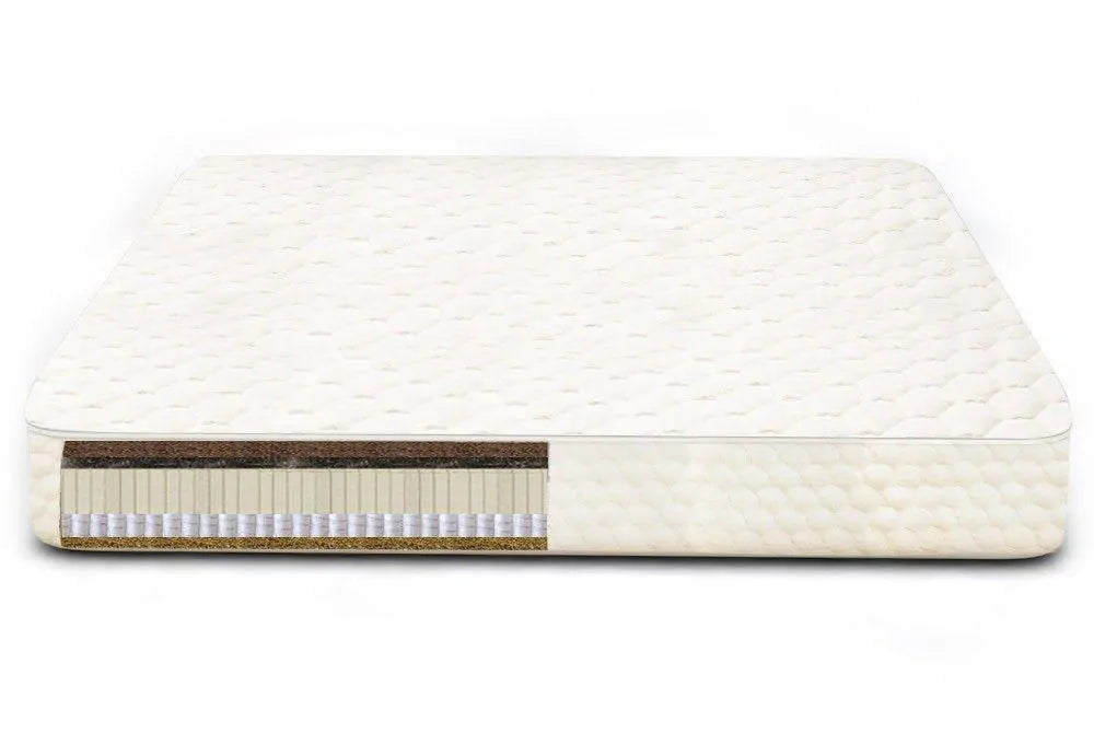 The Royal Cloud mattress by TFS Honest Sleep is made with from all-natural materials. Inside is camel fur, horsetail, organic latex, microcoils, and organic hemp coir. This core is encased in two layers of organic cotton fabric with wool quilted