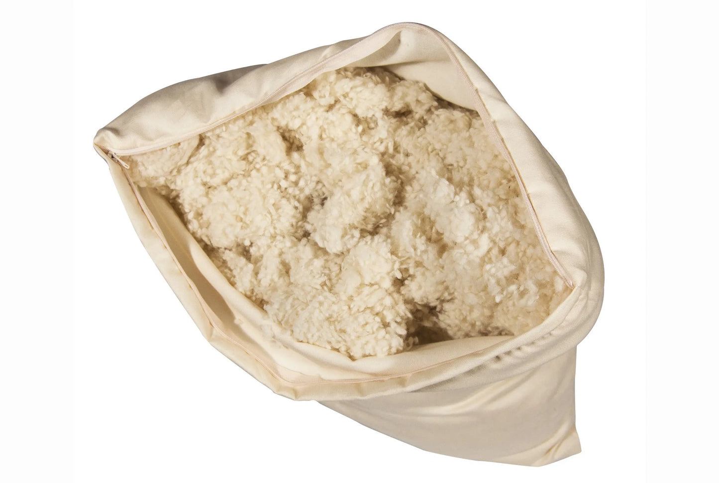 This pillow is made from small natural wool fluffs that stick to each other. You can move around the soft little balls of wool to shape it however it will best fit your neck and head. For example you can squish it around to create a thicker roll to support your neck and an indentation for your head or just a level surface. Comes with a zipper so you can add or remove filling. Can be ordered in three thicknesses, this is one of our most versatile pillows
