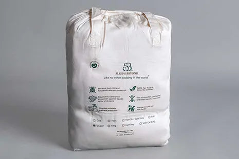 This Organic Cotton mattress encasement by Sleep and Beyond is an innovative 100% organic cotton two layer jersey that offers a zippered waterproof solution. This encasement can prolong the life of your bed and protect it from stains, leaks, dust mites and bed bugs all in one! It is fully reversible with a six sided design that offers full mattress protection. Free of vinyl/PVC, phthalates and other harmful chemicals, it is crafted with two layers of soft 100% organic cotton jersey fabric with non-toxic