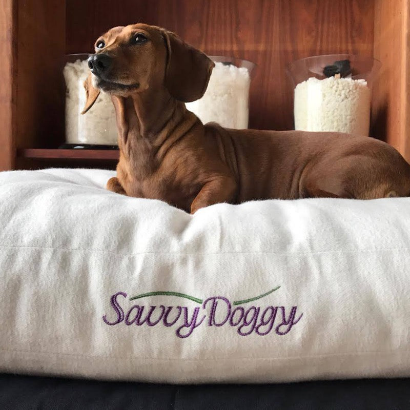 Because your good dog deserves the best.
The Savvy Doggy™ supports your pooch in pure comfort. Organic cotton flannel surrounds a sturdy core of pressure-relieving, snooze-inducing natural latex. Choose formed or shredded fill.