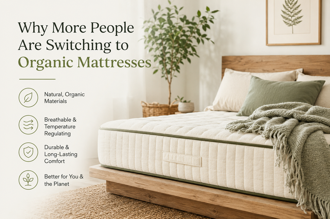 Organic mattress in a natural bedroom setting featuring breathable, eco-friendly sleep materials.