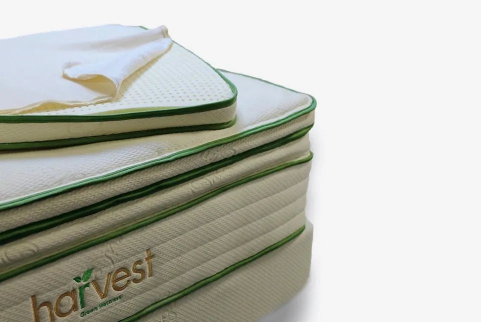 The Harvest Green Original Organic Mattress Topper is Greenguard gold certified and made using GOLS certified organic latex, GOTS certified organic cotton and GOTS certified organic wool.   Finishing at 2.75 inches, it is constructed with 2 inches of organic latex (choose soft or firm) encased in an organic cotton and wool cover.  No added flame retardants or fiberglass!