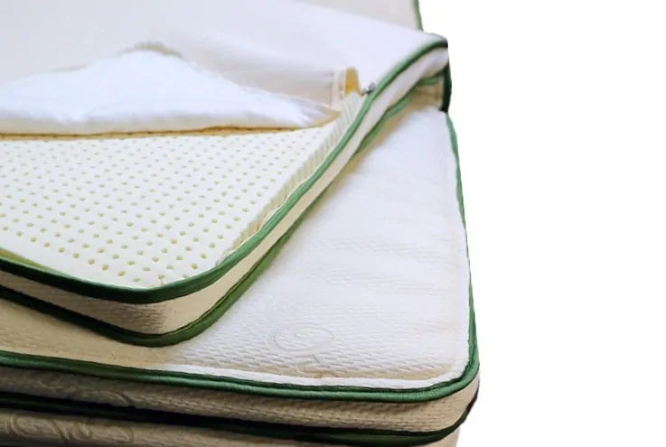 The Harvest Green Original Organic Mattress Topper is Greenguard gold certified and made using GOLS certified organic latex, GOTS certified organic cotton and GOTS certified organic wool.   Finishing at 2.75 inches, it is constructed with 2 inches of organic latex (choose soft or firm) encased in an organic cotton and wool cover.  No added flame retardants or fiberglass!