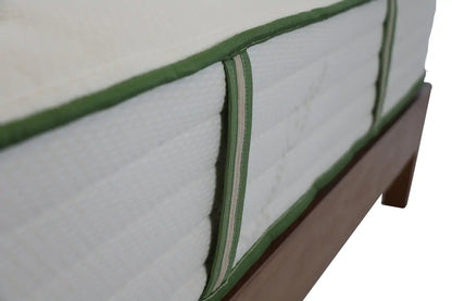 The Harvest Green Organic Pillowtop Mattress is Greenguard gold certified and made using GOLS certified organic latex, made from 100% recycled steel, and GOTS certified organic cotton.   Constructed with 1″ of organic latex at the bottom, 8″ coils, and 4″ of organic latex on the top, all encased in an organic cotton cover.  A total of 13″ in thickness the Harvest Green Pillow Top Organic Mattress provides great support with added pressure relief for a softer, deeper feel.  On a scale of 1 – 10 (with 10 bein