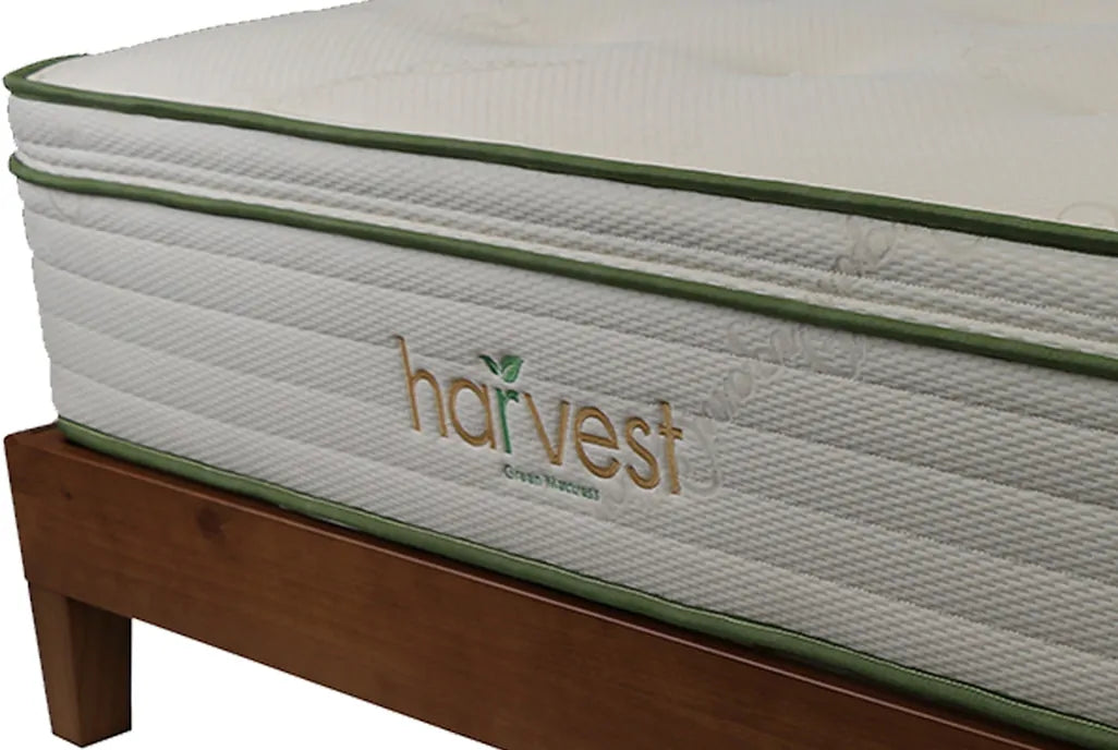 The Harvest Green Organic Pillowtop Mattress is Greenguard gold certified and made using GOLS certified organic latex, made from 100% recycled steel, and GOTS certified organic cotton.   Constructed with 1″ of organic latex at the bottom, 8″ coils, and 4″ of organic latex on the top, all encased in an organic cotton cover.  A total of 13″ in thickness the Harvest Green Pillow Top Organic Mattress provides great support with added pressure relief for a softer, deeper feel.  On a scale of 1 – 10 (with 10 bein