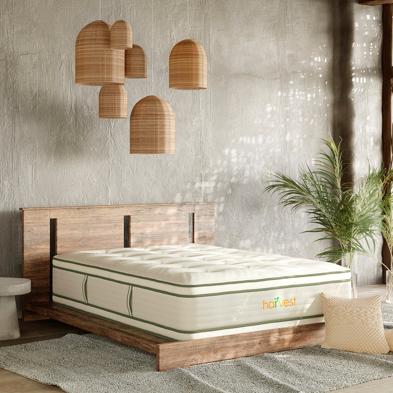 The Harvest Green Original Organic Mattress is Greenguard gold certified and made using GOLS certified organic latex, coils made from 100% recycled steel, GOTS certified organic cotton and GOTS certified organic wool.   Constructed with 1″ of organic latex at the bottom, 8″ coils, and 2″ of organic latex on the top, all encased in an organic cotton and wool cover.  No added flame retardants or fiberglass! On a scale of 1-10 with 10 being the firmest, this mattress would be rated at a 7, which is gentle, yet