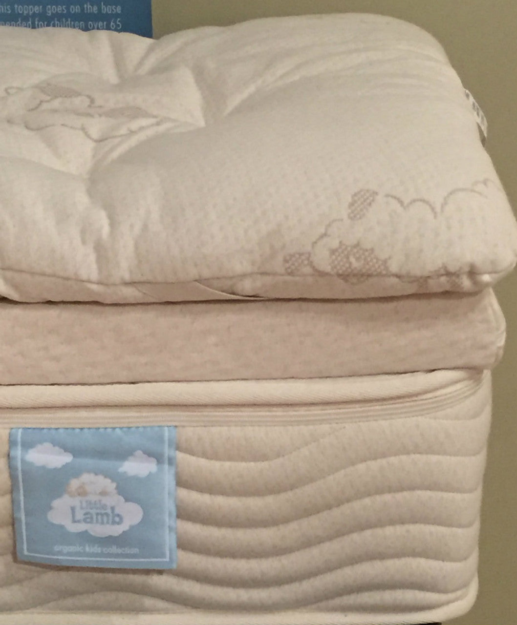 The Latex Topper is Stage 3 in our 3 Stage "Grow with Me" system for kids who've reached 85 lbs. or more. This topper is the perfect layer for pre-teens and teens' growing bodies. It offers pressure point relieving support and fits in between the wool topper and mattress. It is covered in the same Little Lamb certified organic cotton. We use only Soft 100% Botanical Dunlop latex for the 2" latex core. There is no wool in this product.