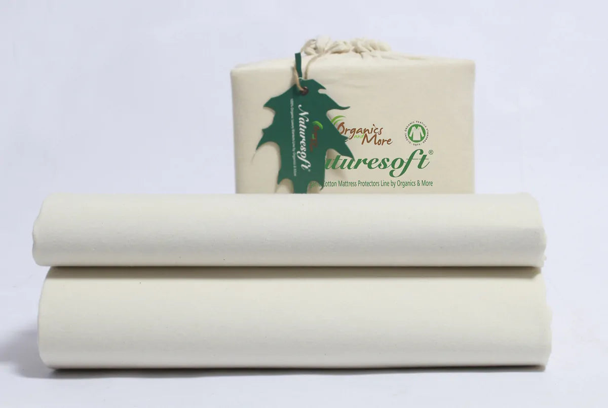 Natural Mattress Protector with Bio-Based Non-GMO TPU lamination, 39"x75"+15" Pocket

Our mattress protectors are constructed with organic jersey knit fabric on both the top panel and the side panels.&nbsp; The top panel is laminated to a non-GMO bio-based film which provides an excellent protective barrier against moisture.&nbsp; The latex-free elastic perimeter of the side panels ensures a secure grip on the mattress.&nbsp; The protectors are machine washable and can be machine dried at the lowest setting