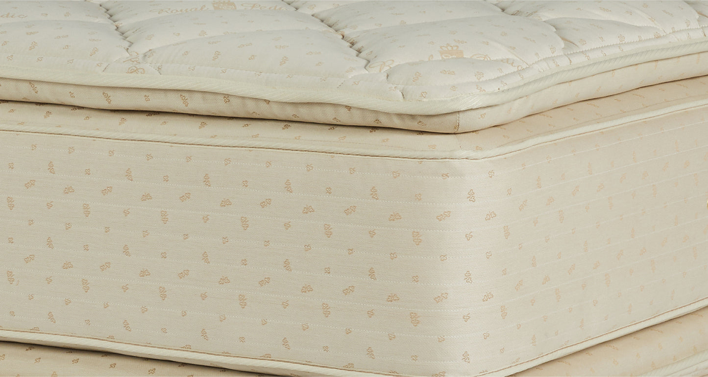 For a truly luxurious night’s sleep, the Royal-Pedic Pillowtop Mattress features our pillowtop pads attached on both sides of the mattress offering surface plushness combined with a firm innerspring support surrounded by inner tufted layers of pristine staple cotton.

It’s in the middle of our firmness range – not to hard, not too soft for most people, and is our firmer pillowtop mattress model when compared to the Royal Cloud Pillowtop Mattress.