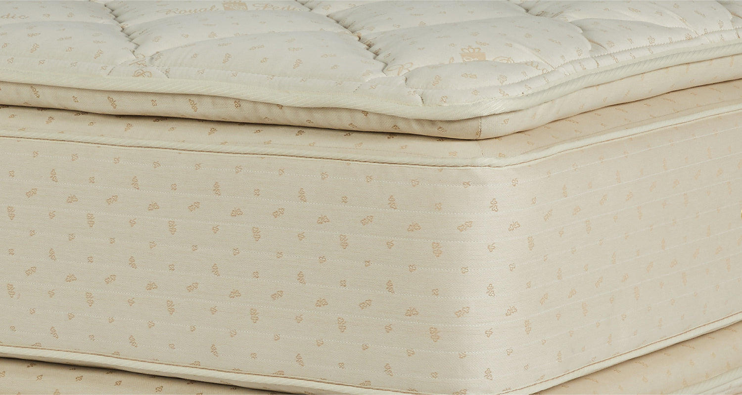 For a truly luxurious night’s sleep, the Royal-Pedic Pillowtop Mattress features our pillowtop pads attached on both sides of the mattress offering surface plushness combined with a firm innerspring support surrounded by inner tufted layers of pristine staple cotton.

It’s in the middle of our firmness range – not to hard, not too soft for most people, and is our firmer pillowtop mattress model when compared to the Royal Cloud Pillowtop Mattress.
