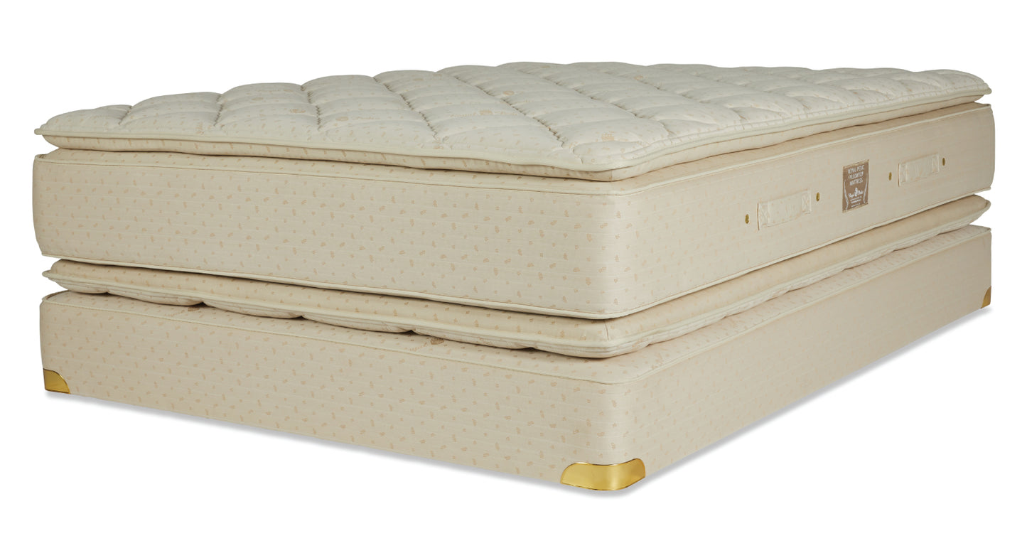 For a truly luxurious night’s sleep, the Royal-Pedic Pillowtop Mattress features our pillowtop pads attached on both sides of the mattress offering surface plushness combined with a firm innerspring support surrounded by inner tufted layers of pristine staple cotton.

It’s in the middle of our firmness range – not to hard, not too soft for most people, and is our firmer pillowtop mattress model when compared to the Royal Cloud Pillowtop Mattress.