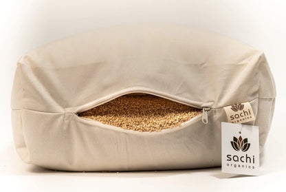 Made with a unique patented dual chamber design, one side of the Sachi Organics Rejuvenation pillow has a zipper where you can add or remove the organic millet or organic buckwheat filling and the other side of the pillow has a zipper where you can access the eco wool. The zippered cover is made from organic cotton sateen.  Being able to customize the loft by adding or removing filling makes this adjustable pillow ideal for just about everybody.  Buckwheat and Millet provide excellent neck and head support,