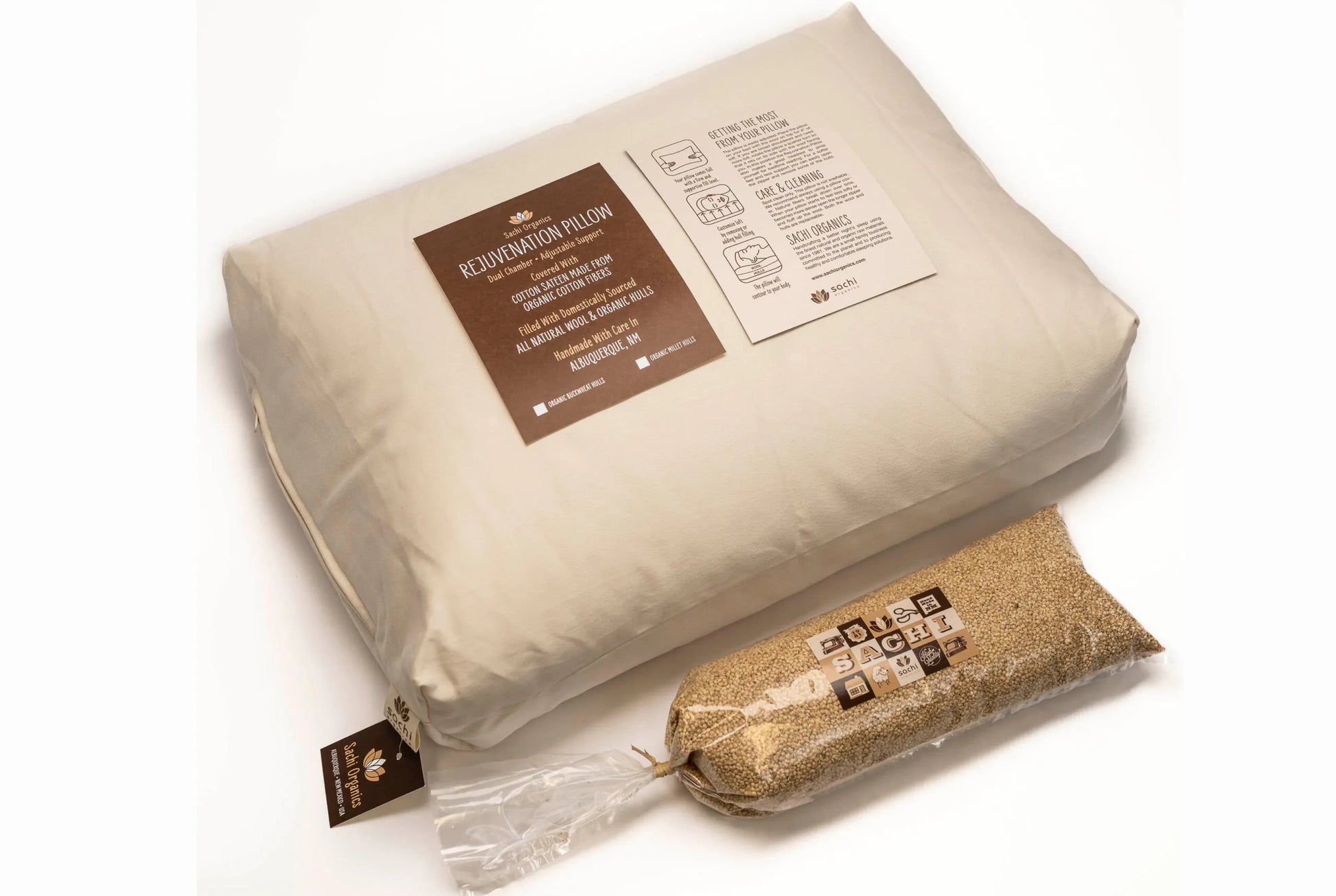 Made with a unique patented dual chamber design, one side of the Sachi Organics Rejuvenation pillow has a zipper where you can add or remove the organic millet or organic buckwheat filling and the other side of the pillow has a zipper where you can access the eco wool. The zippered cover is made from organic cotton sateen.  Being able to customize the loft by adding or removing filling makes this adjustable pillow ideal for just about everybody.  Buckwheat and Millet provide excellent neck and head support,