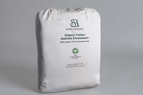 This Organic Cotton mattress encasement by Sleep and Beyond is an innovative 100% organic cotton two layer jersey that offers a zippered waterproof solution.  This encasement can prolong the life of your bed and protect it from stains, leaks, dust mites and bed bugs all in one!  It is fully reversible with a six sided design that offers full mattress protection.  Free of vinyl/PVC, phthalates and other harmful chemicals, it is crafted with two layers of soft 100% organic cotton jersey fabric with non-toxic 