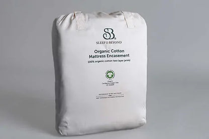 This Organic Cotton mattress encasement by Sleep and Beyond is an innovative 100% organic cotton two layer jersey that offers a zippered waterproof solution.  This encasement can prolong the life of your bed and protect it from stains, leaks, dust mites and bed bugs all in one!  It is fully reversible with a six sided design that offers full mattress protection.  Free of vinyl/PVC, phthalates and other harmful chemicals, it is crafted with two layers of soft 100% organic cotton jersey fabric with non-toxic 
