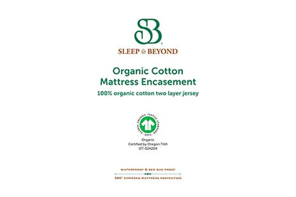 This Organic Cotton mattress encasement by Sleep and Beyond is an innovative 100% organic cotton two layer jersey that offers a zippered waterproof solution.  This encasement can prolong the life of your bed and protect it from stains, leaks, dust mites and bed bugs all in one!  It is fully reversible with a six sided design that offers full mattress protection.  Free of vinyl/PVC, phthalates and other harmful chemicals, it is crafted with two layers of soft 100% organic cotton jersey fabric with non-toxic 