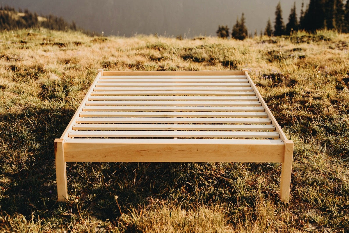 The Afton natural platform bed is made in Virginia by Savvy Rest’s own skilled woodworkers. The Afton supports your sleep with timeless simplicity. Maple posts, rails, and legs are finished to your preference. Choose zero-VOC linseed oil; zero-VOC walnut, cedar or mahogany stain; or natural unfinished. No lacquers or varnishes are used.