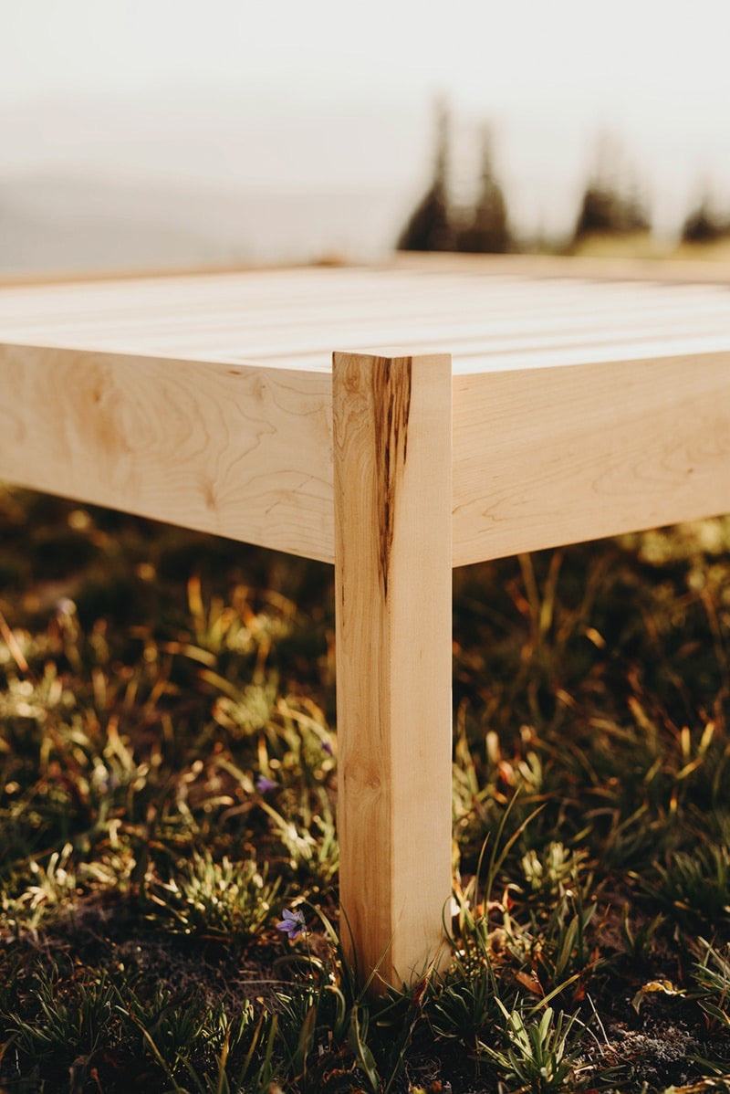 The Afton natural platform bed is made in Virginia by Savvy Rest’s own skilled woodworkers. The Afton supports your sleep with timeless simplicity. Maple posts, rails, and legs are finished to your preference. Choose zero-VOC linseed oil; zero-VOC walnut, cedar or mahogany stain; or natural unfinished. No lacquers or varnishes are used.