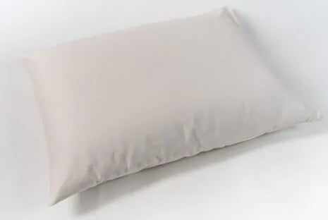 This pillow is made from certified organic cotton batting from the Texas Organic Growers Marketing Co-op. It is covered in organic cotton sateen. This is a great vegan pillow for those who do not want natural latex or wool. This is a firmer feeling pillow. Comes with a zipper so you can add or remove filling.